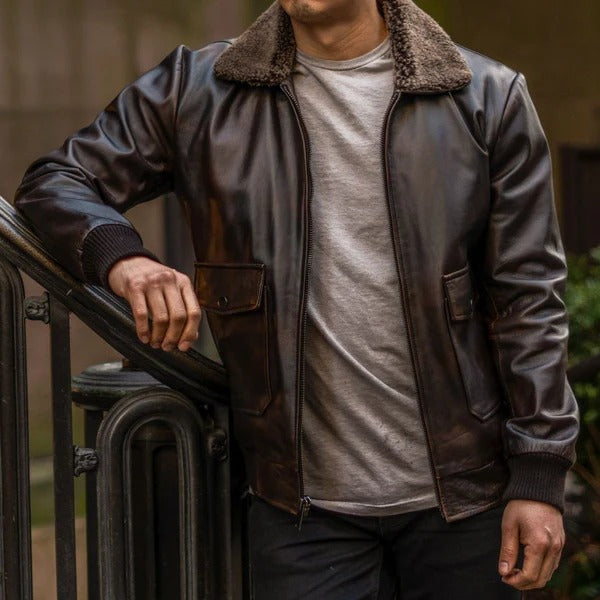 Leather Bomber Jacket with Fur Collar