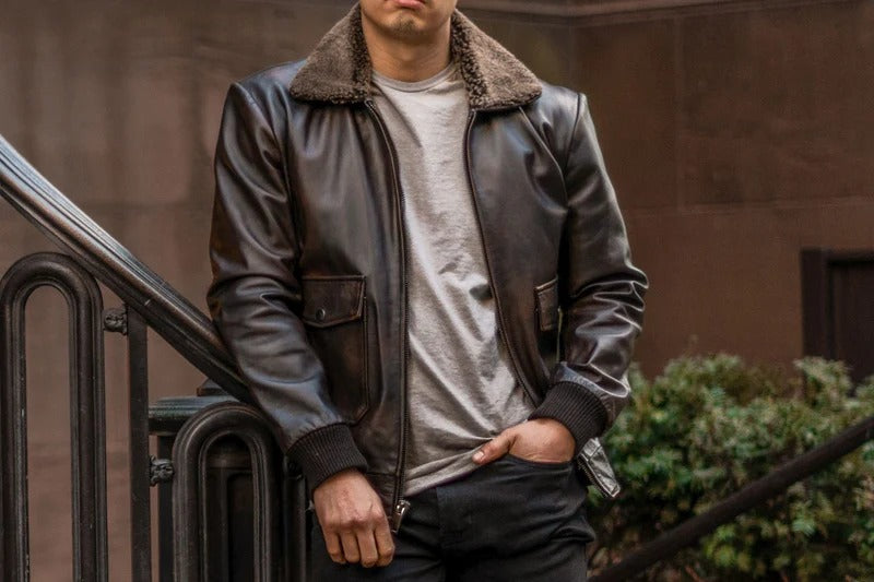 Leather Bomber Jacket with Fur Collar