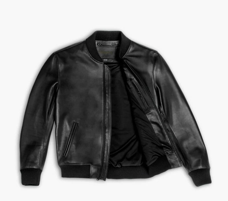 Men's Black Leather Bomber Jacket