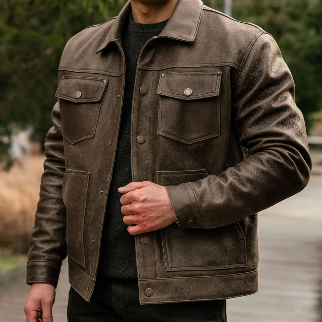 Men's Green Leather Trucker Jacket