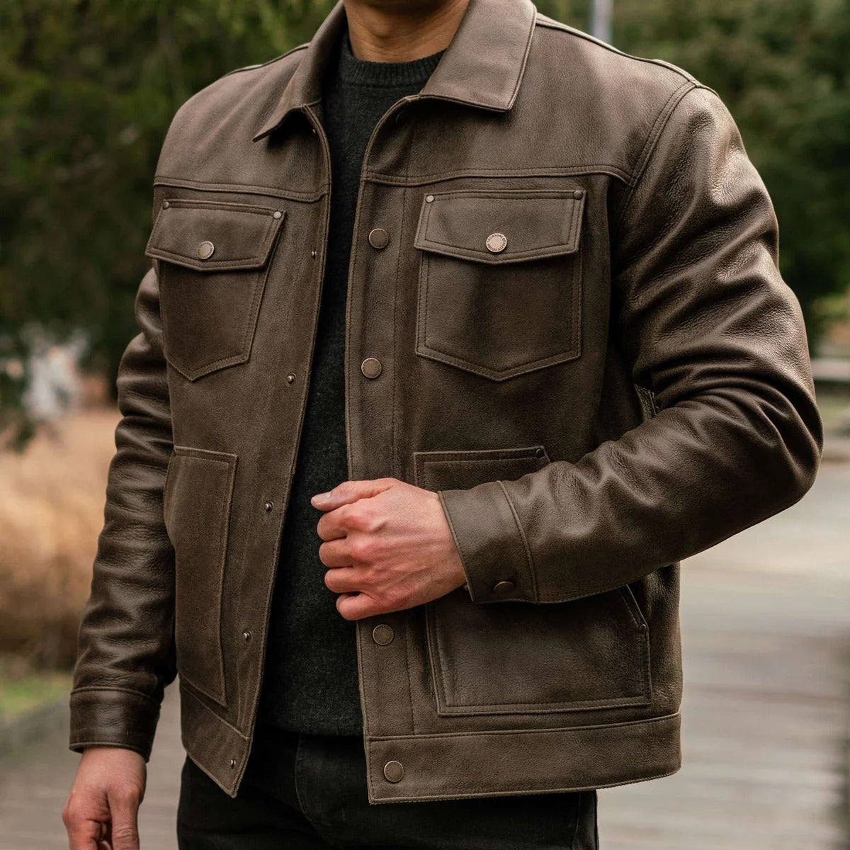 Men's Green Leather Trucker Jacket