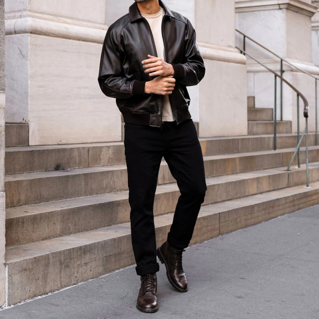 Black Signature Leather Collared Jacket