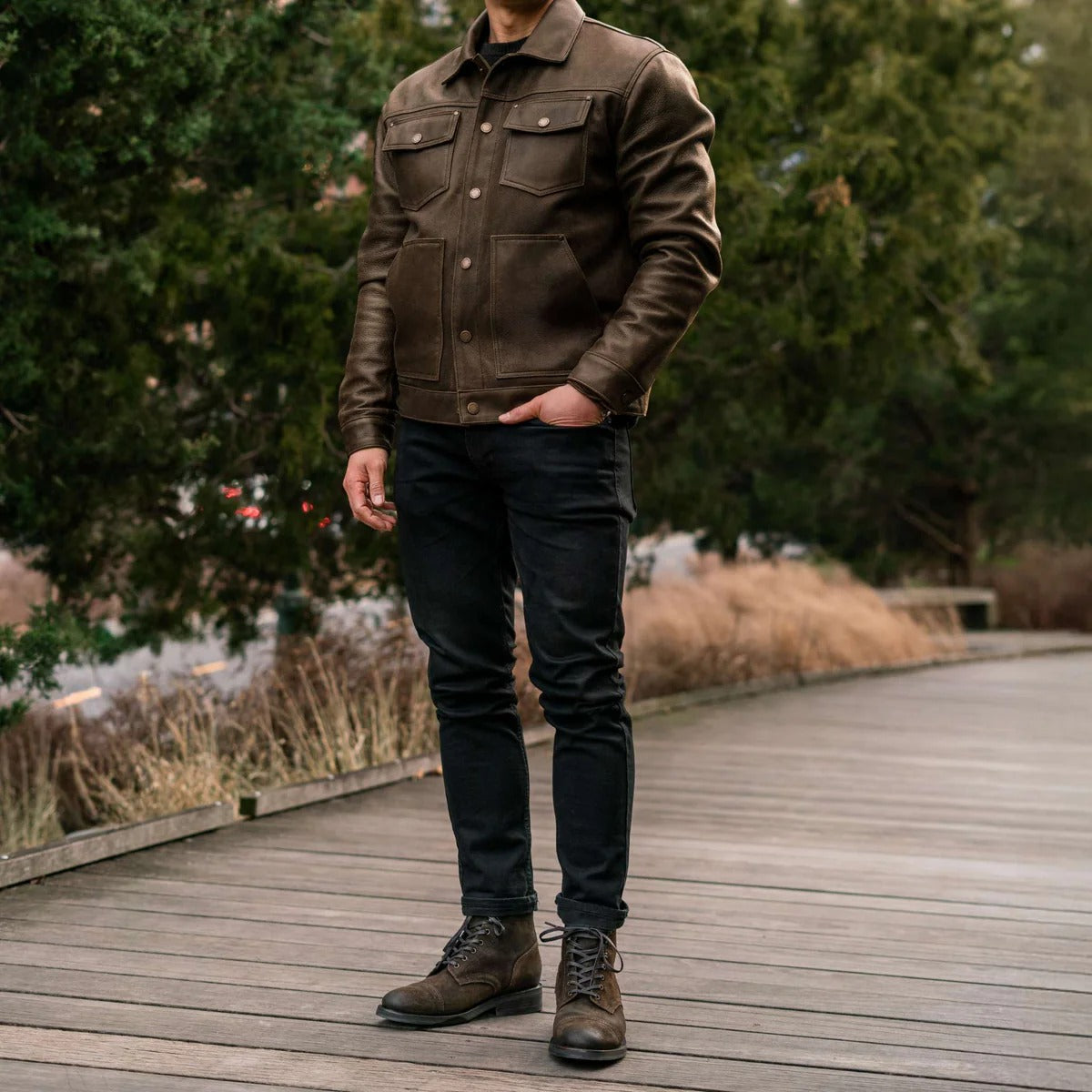 Men's Green Leather Trucker Jacket