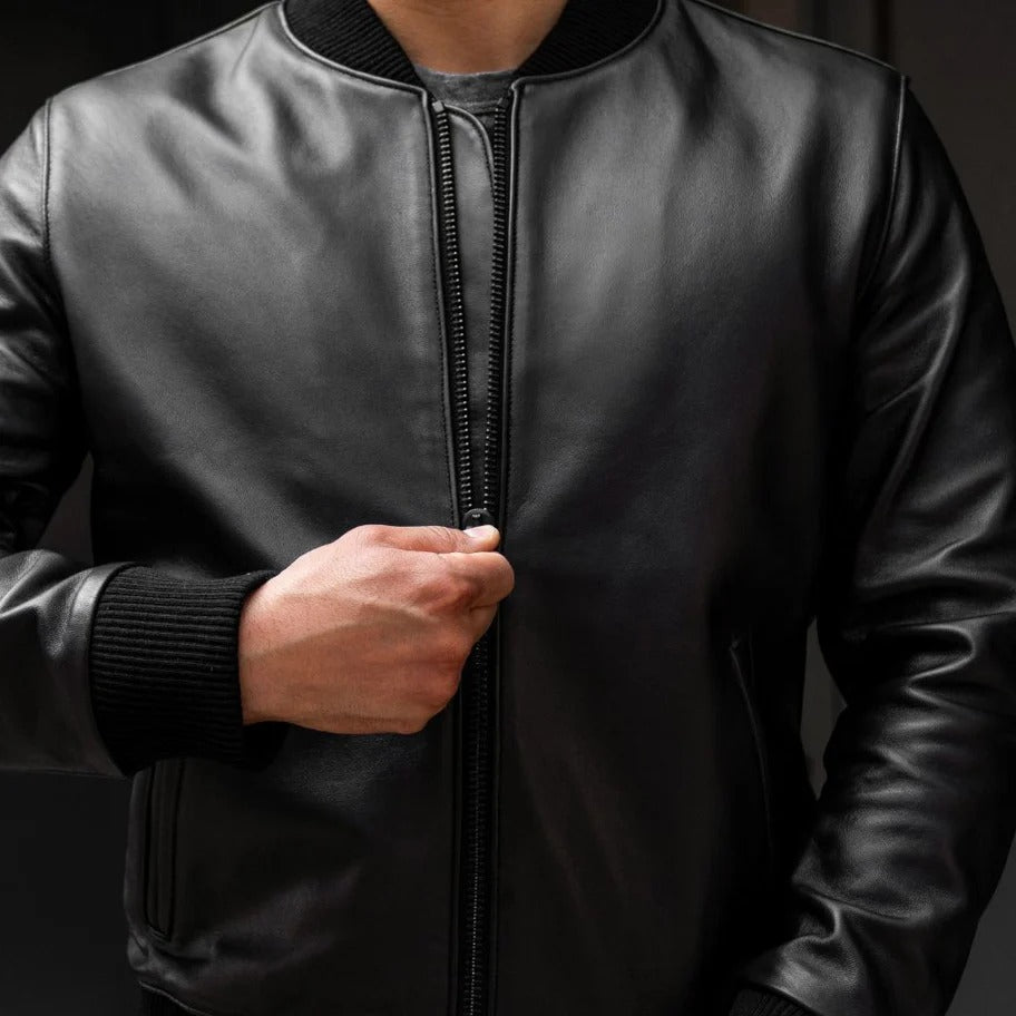 Men's Black Leather Bomber Jacket