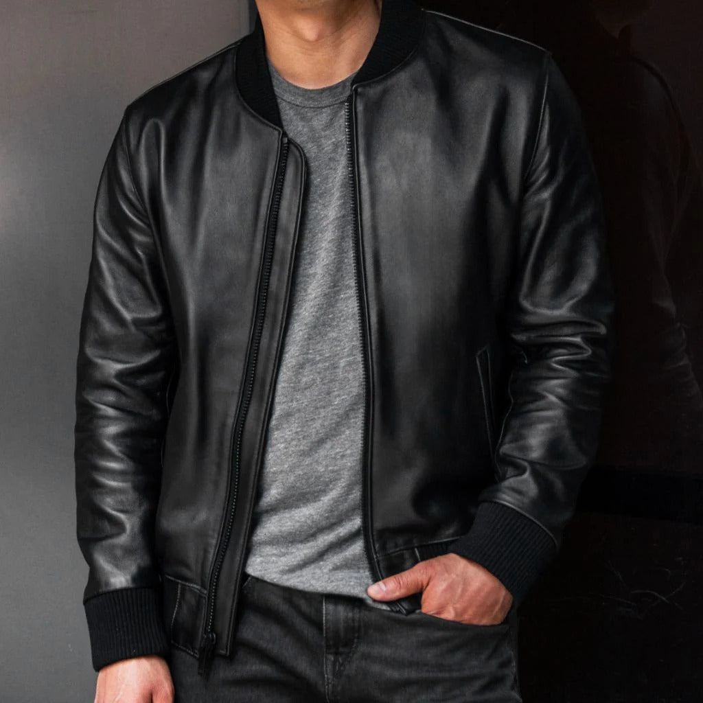 Men's Black Leather Bomber Jacket