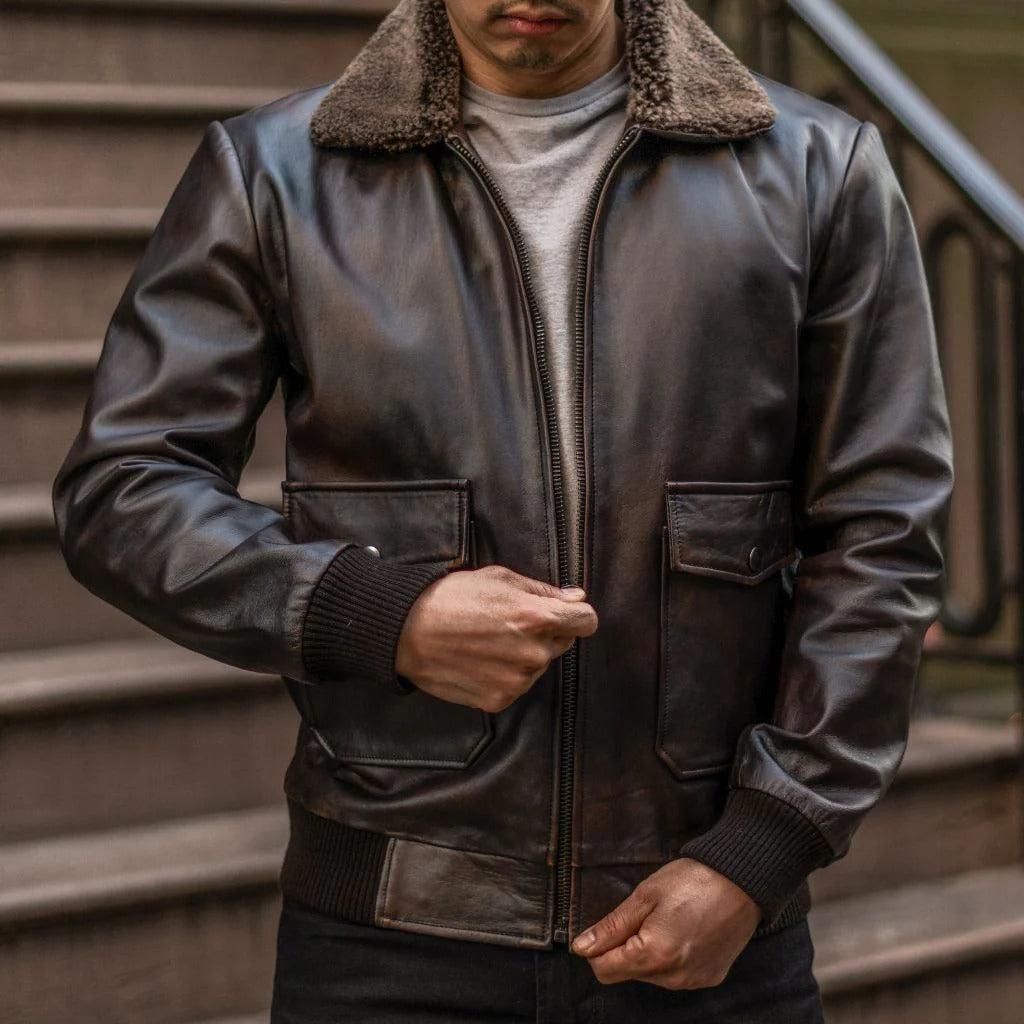 Leather Bomber Jacket with Fur Collar