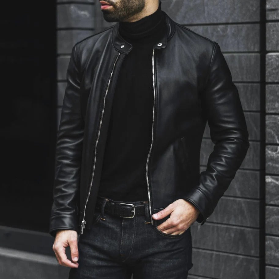 Men's Black Leather Cafe Racer Jacket