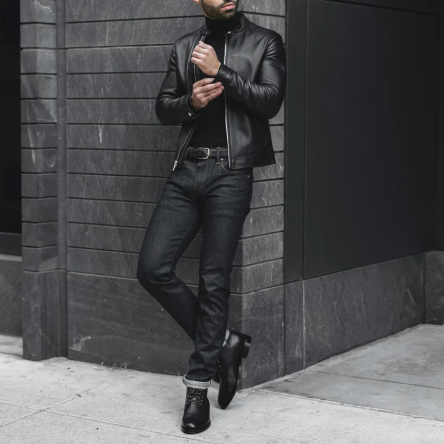 Men's Black Leather Cafe Racer Jacket
